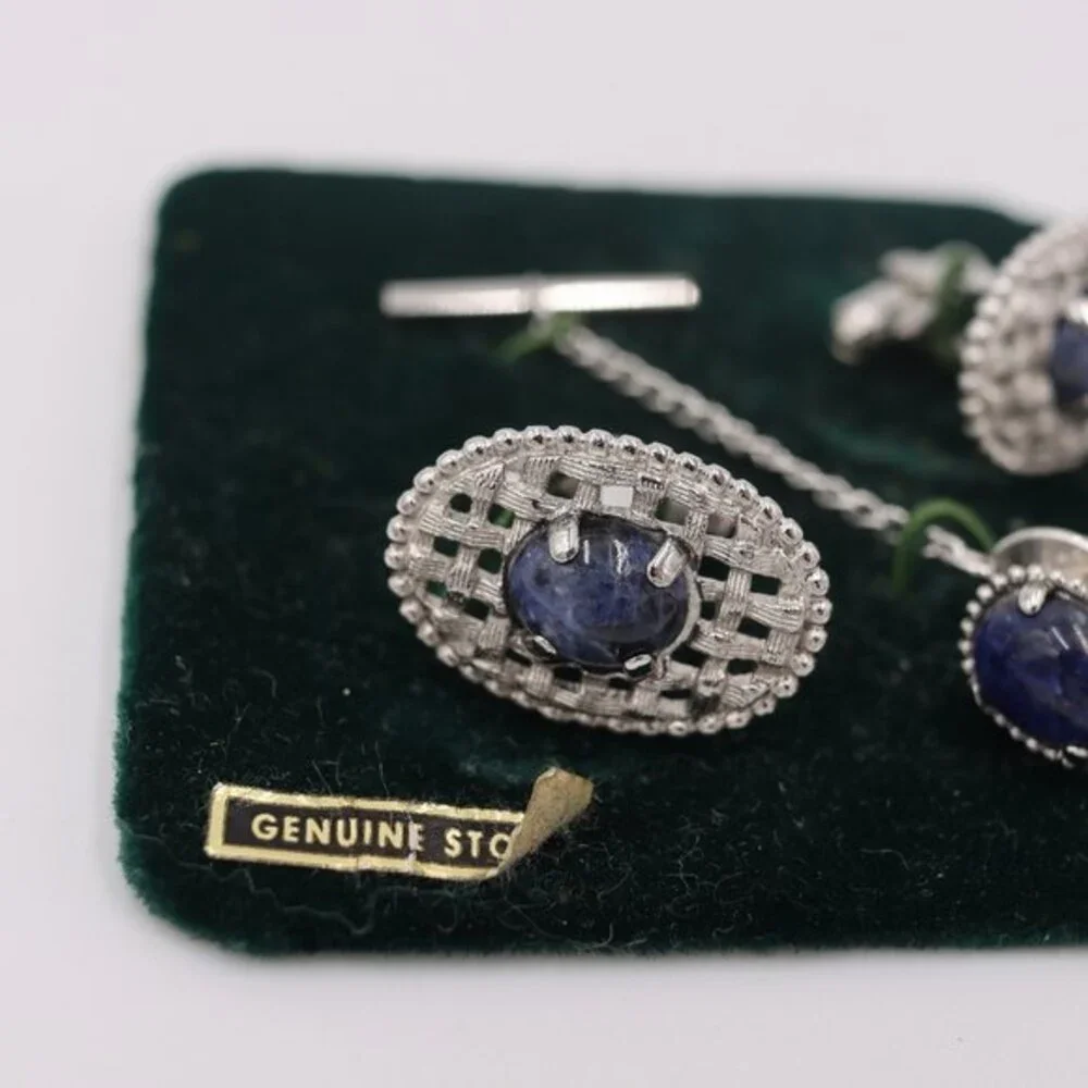 Sodalite Genuine Stone Blue Cuff Link & Tie Clip Set